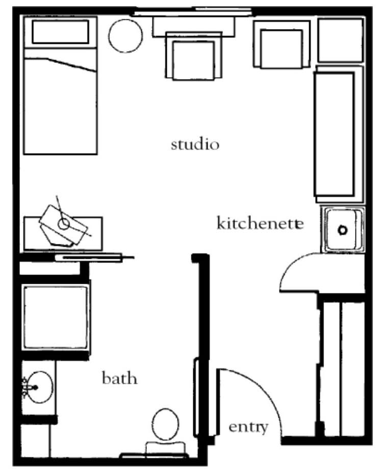 A floor plan of a compact studio apartment featuring a kitchenette, study area, and bathroom.