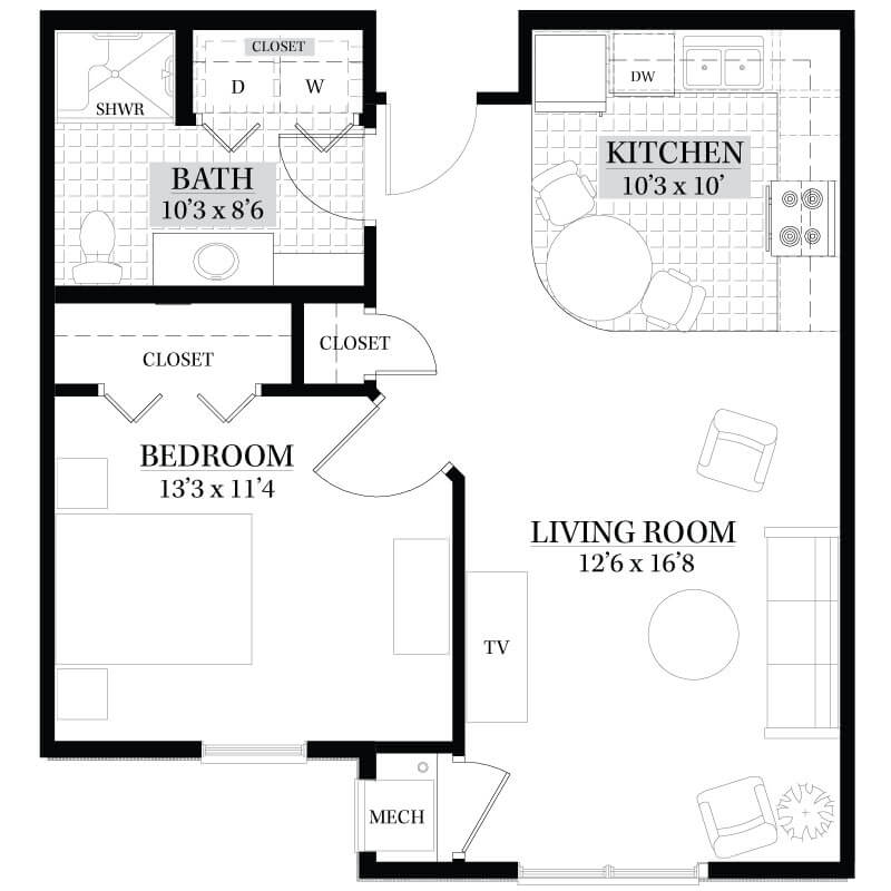 A floor plan of a one-bedroom apartment including a bathroom, kitchen, living room, and closet.