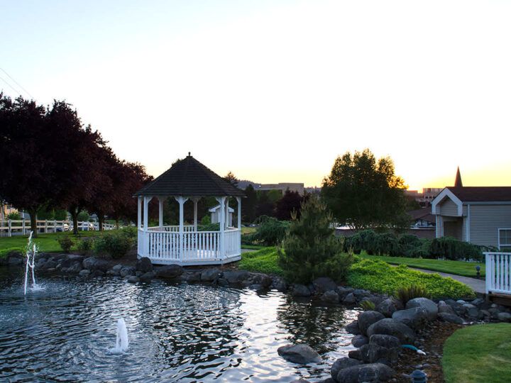 A peaceful garden scene featuring a white gazebo by a pond at sunset.