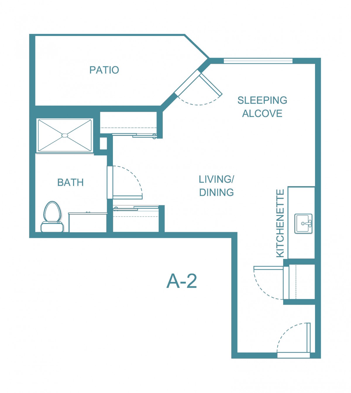 A floor plan of a studio apartment featuring a patio, sleeping alcove, bathroom, living/dining area, and a kitchenette.
