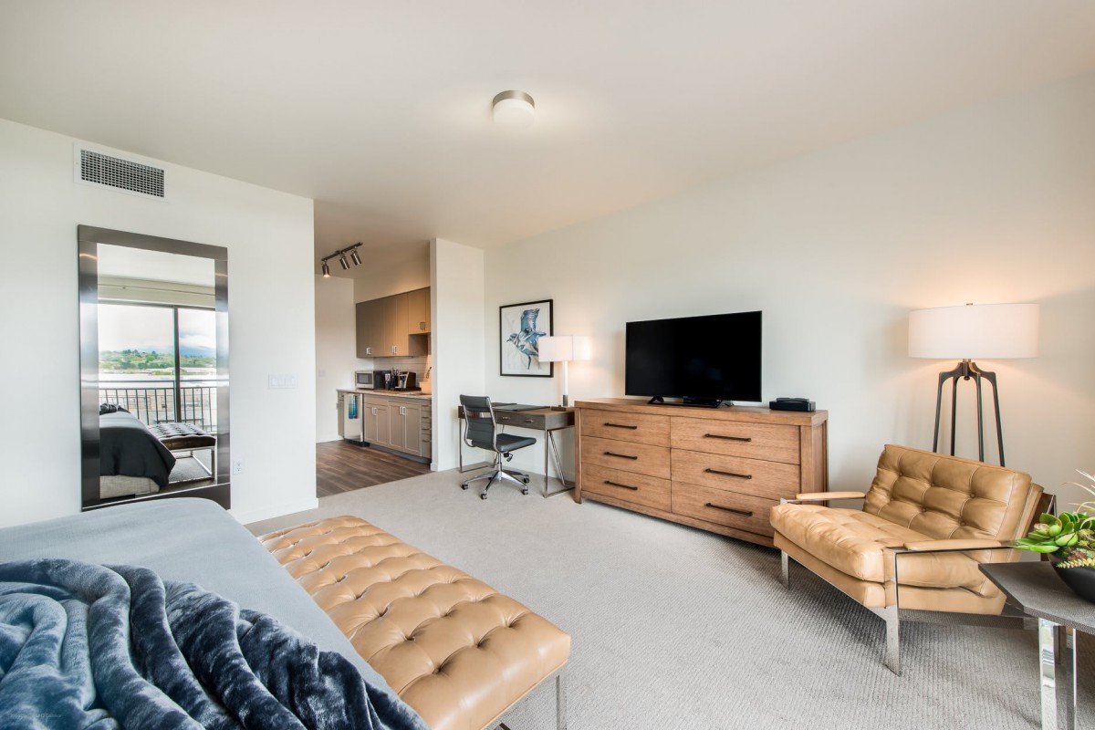 A modern living room featuring a television, sofa, and elegant decor.