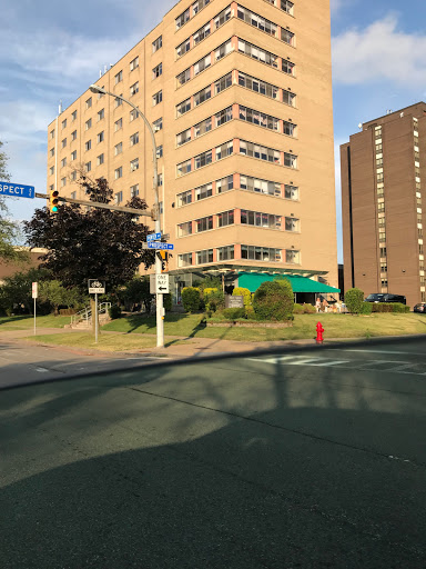 A view of a multi-story building at the intersection, surrounded by greenery and city life.