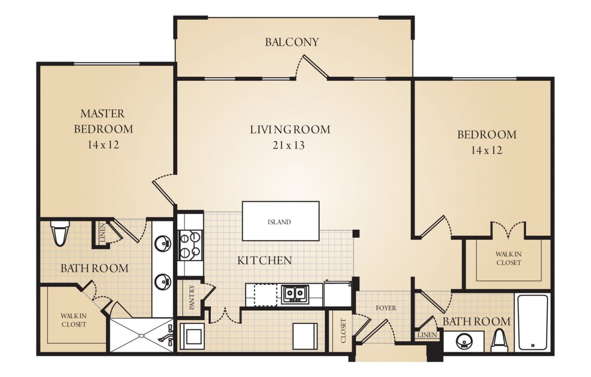 A floor plan of a two-bedroom apartment with labeled rooms including a kitchen, living room, and balcony.
