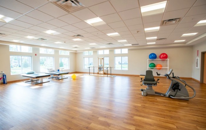 A spacious and modern exercise room with a wooden floor, equipped with fitness equipment and colorful exercise balls.