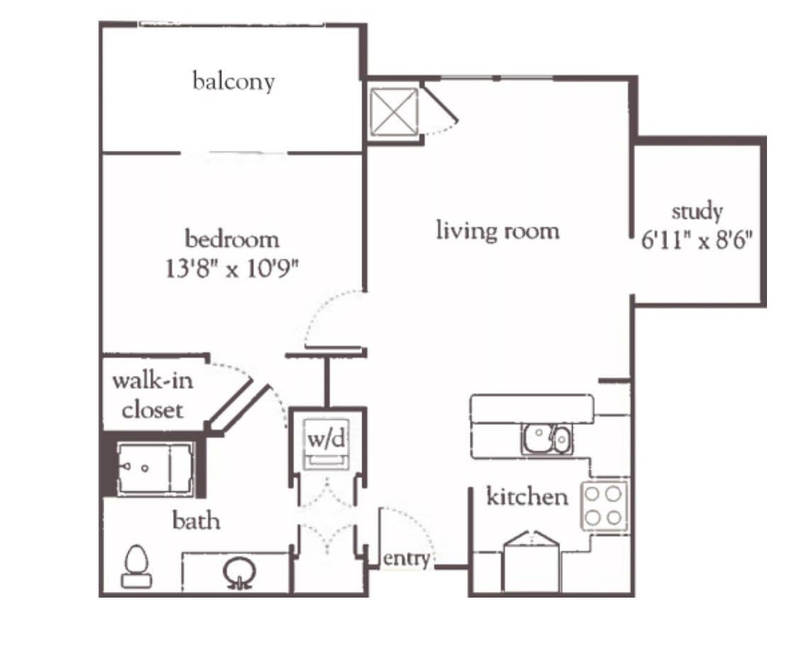 A one-bedroom apartment floor plan featuring a living room, kitchen, bathroom, walk-in closet, and balcony.