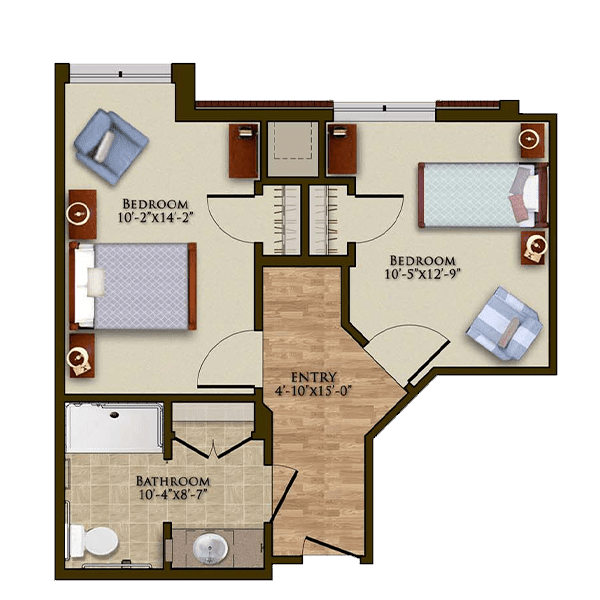 A floor plan of a two-bedroom apartment with labeled rooms and dimensions.