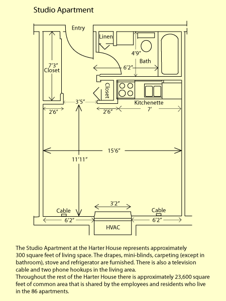 Studio apartment floor plan with dimensions and layout details.