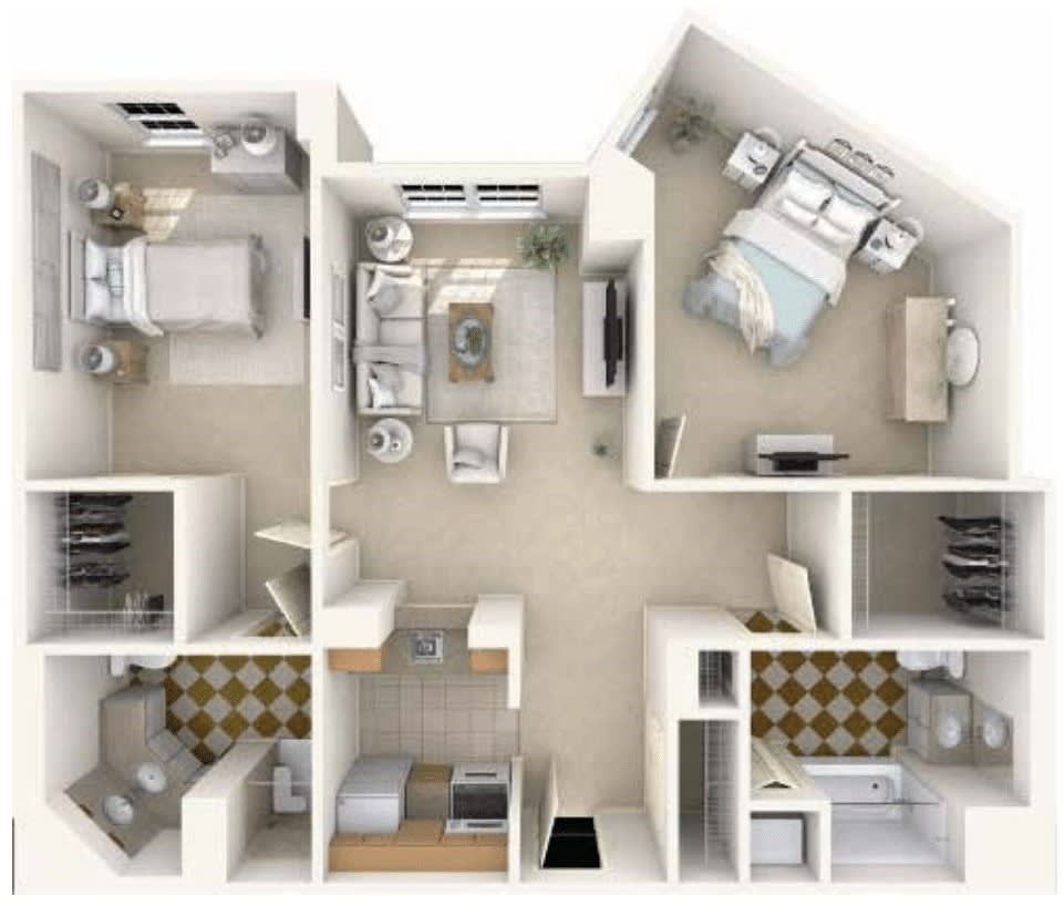 A detailed 3D floor plan of an apartment with multiple rooms and modern interior design.