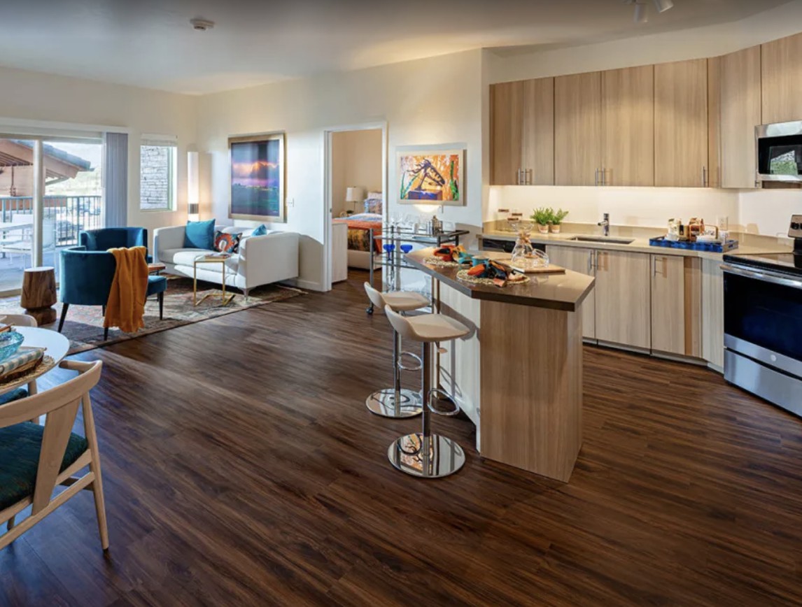 A modern apartment with an open floor plan featuring a kitchen and living room area, highlighted by wood flooring and contemporary design elements.