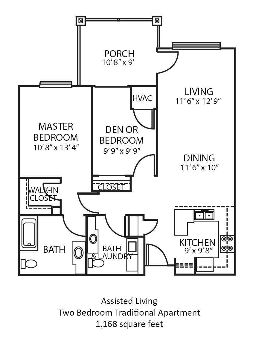 A floor plan of an apartment featuring two bedrooms, a bathroom, kitchen, living room, dining area, and porch.