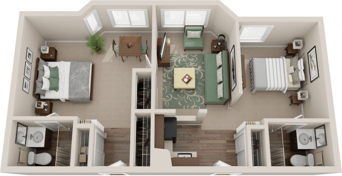 A detailed floor plan of a one-bedroom apartment featuring a living room, bedroom, and dining area.