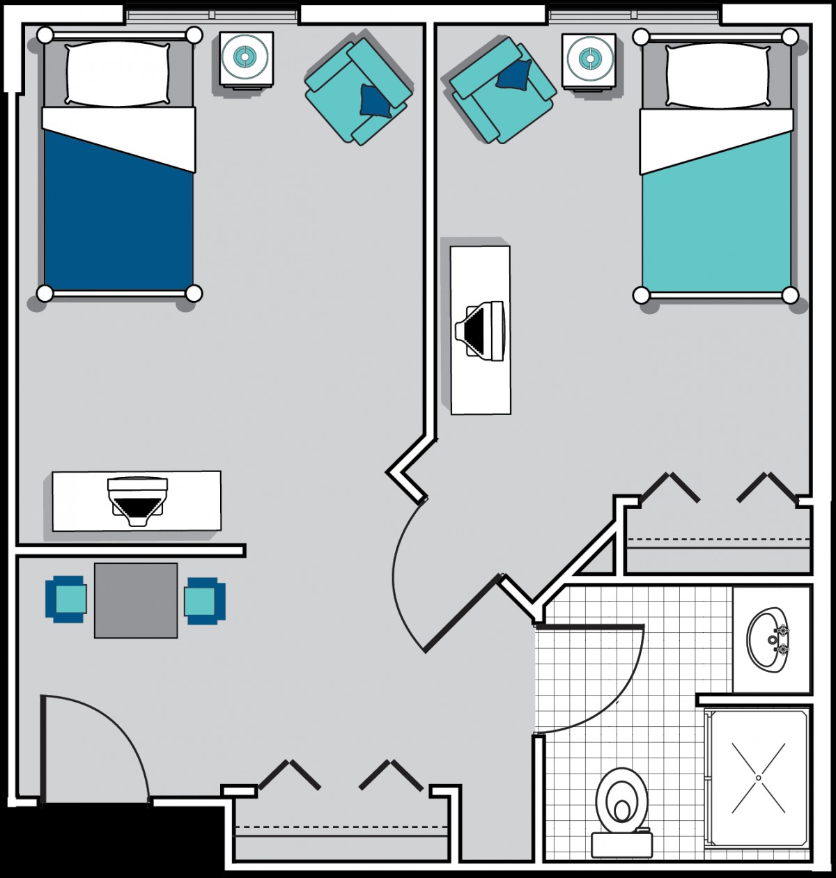 A floor plan of a small apartment featuring two bedrooms, a shared bathroom, and a living area.