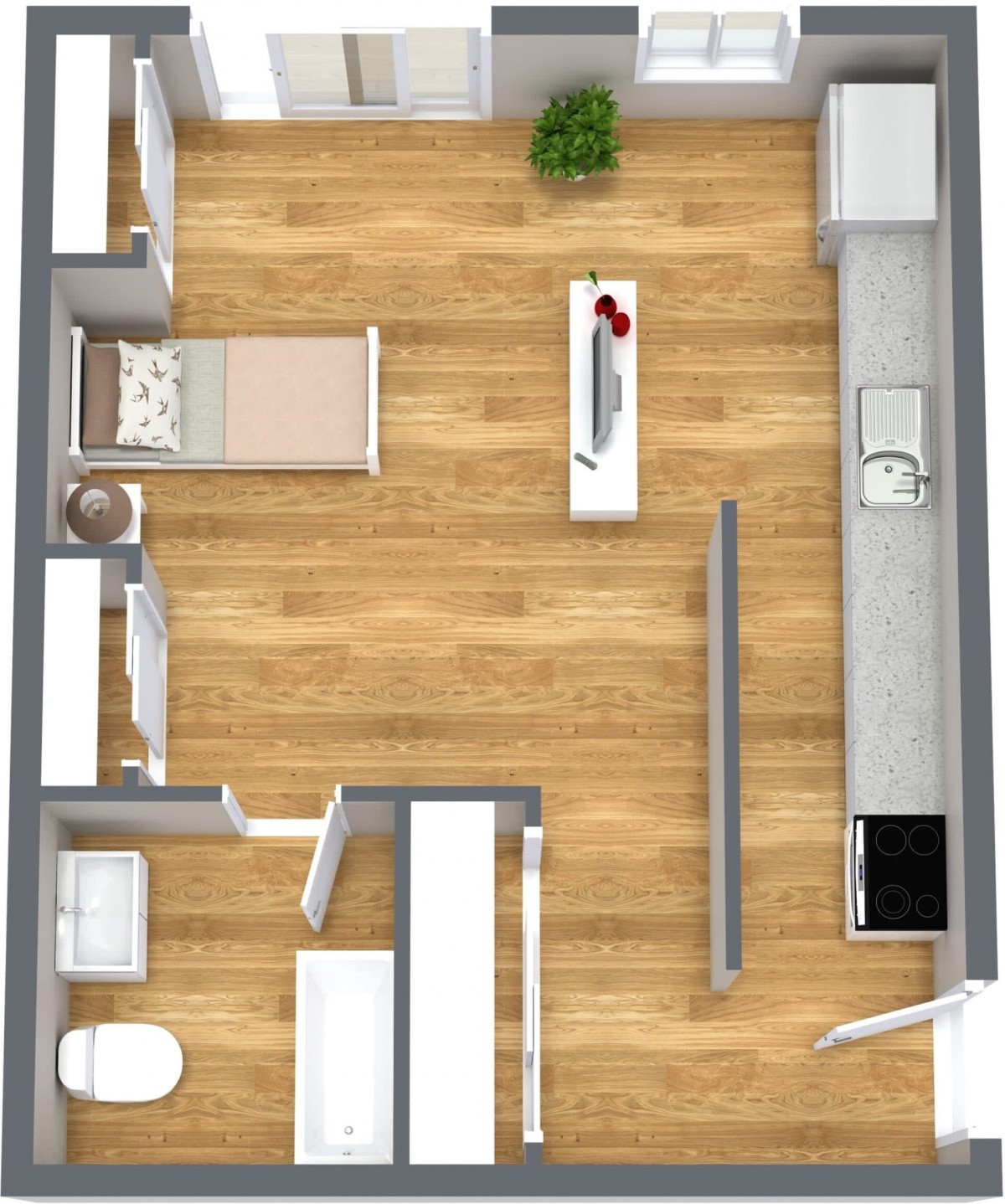 A 3D floor plan depicting an open-concept apartment layout with distinct areas for a kitchen, living space, and bedroom.