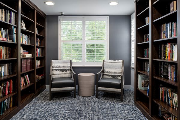 A cozy reading nook featuring two chairs and bookshelves in a home library.