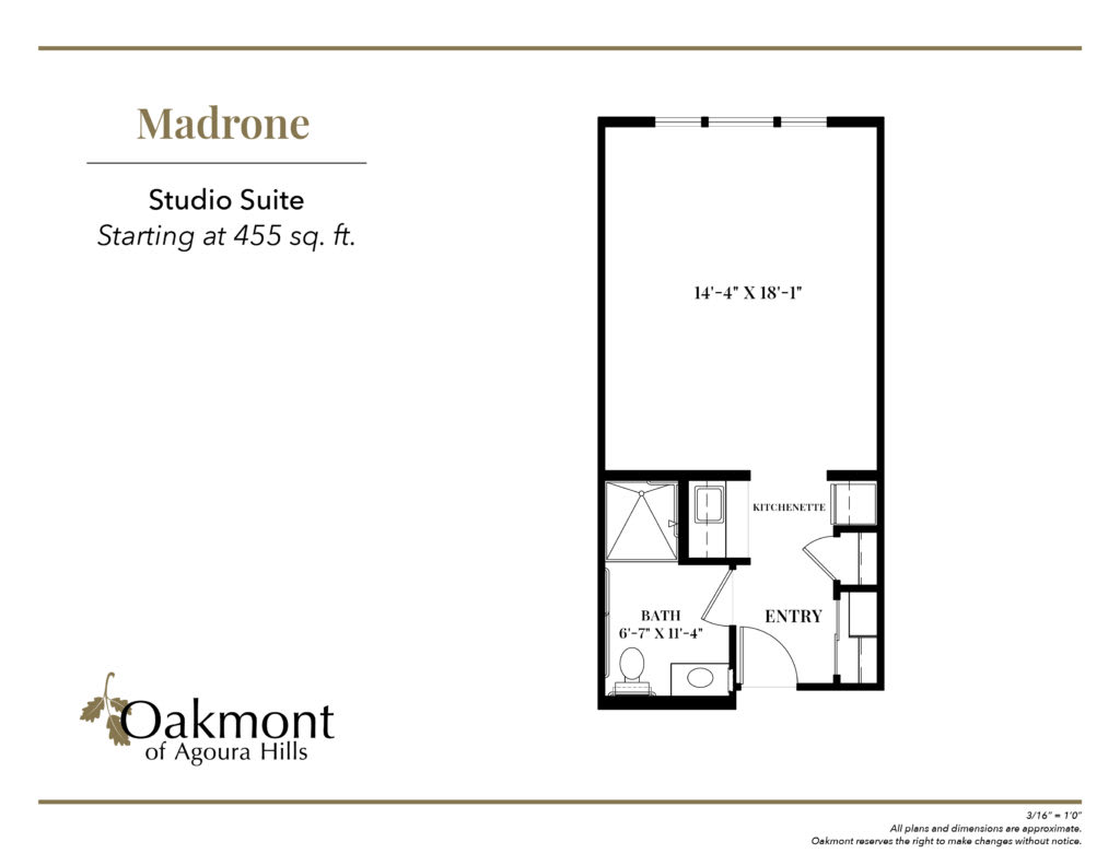 Floor plan of a studio suite named Madrone, offering approximately 455 sq. ft.