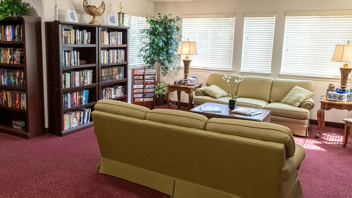 A cozy living room featuring a yellow couch, a well-stocked bookshelf, and natural lighting from the windows.
