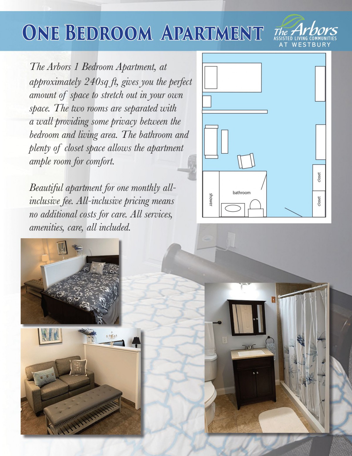 An overview of a stylish one-bedroom apartment layout with interior views of the kitchen and bathroom.