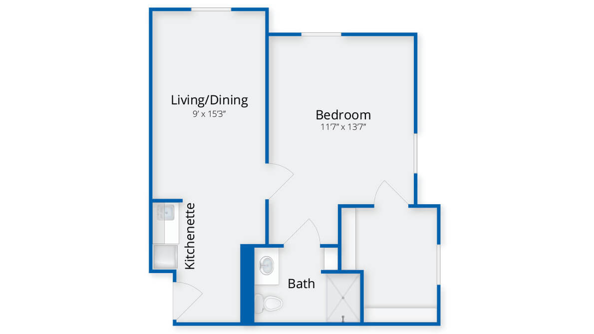 A simple one-bedroom apartment floor plan with a living/dining area, kitchenette, bedroom, and bathroom.