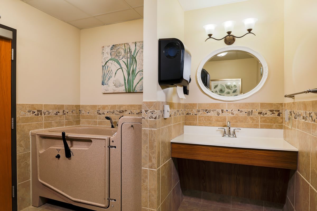 An accessible bathroom featuring a bathtub with safety handles, a sink with round mirror, and wall-mounted towel dispenser.