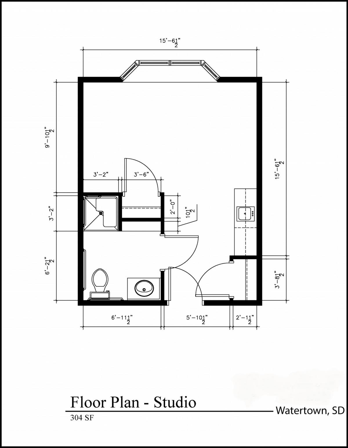A detailed architectural floor plan depicting a small room with a bathroom, including dimensions for the fixtures and entrance.