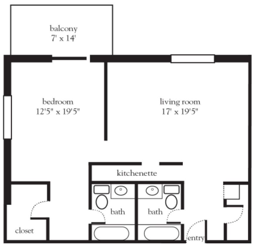 A floor plan of an apartment featuring a bedroom, living room, kitchenette, two bathrooms, and a balcony.