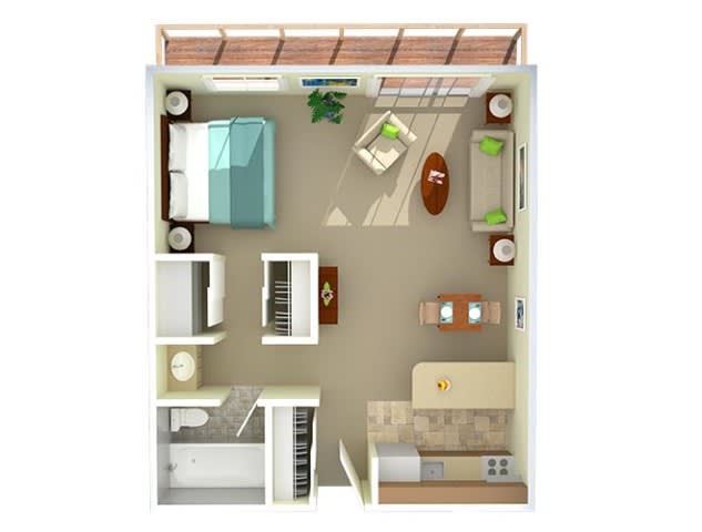 A floor plan of a compact living space featuring a bedroom area, living room, and furniture arrangement.
