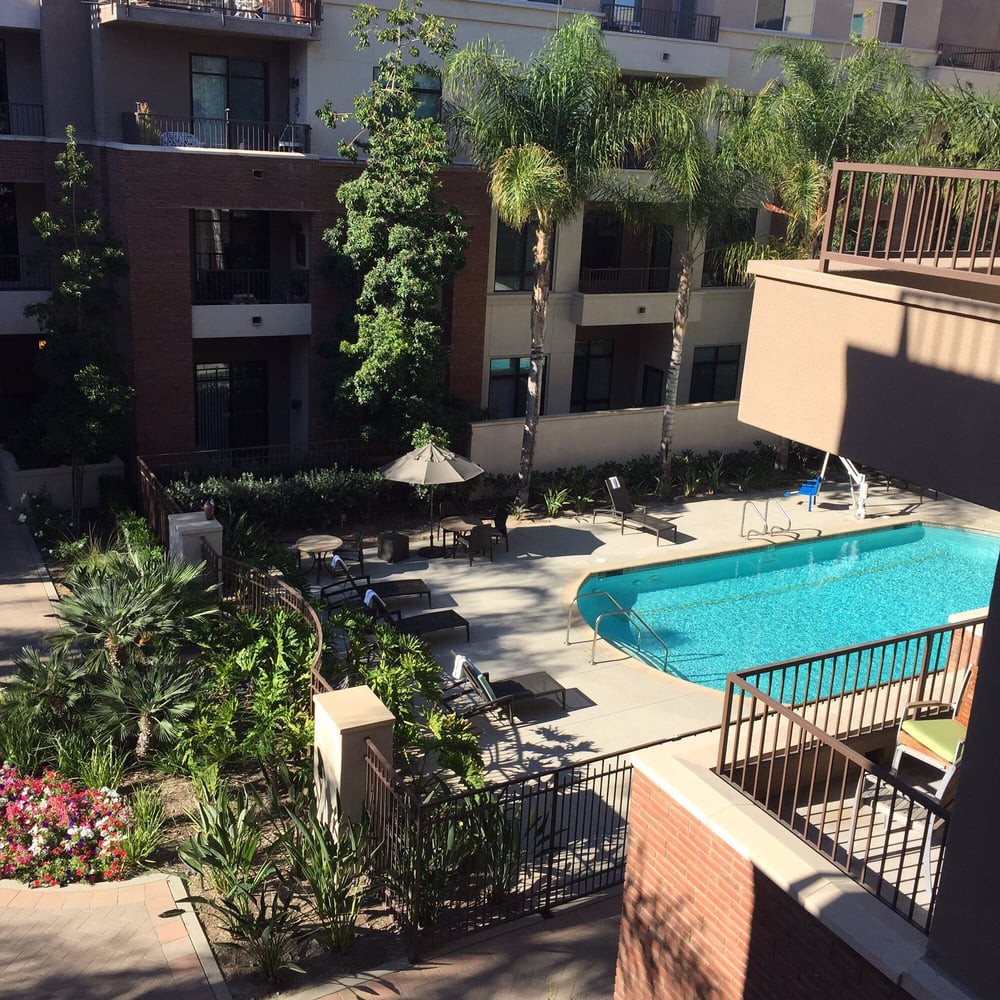 A view of an apartment complex courtyard with a swimming pool and lush landscaping.