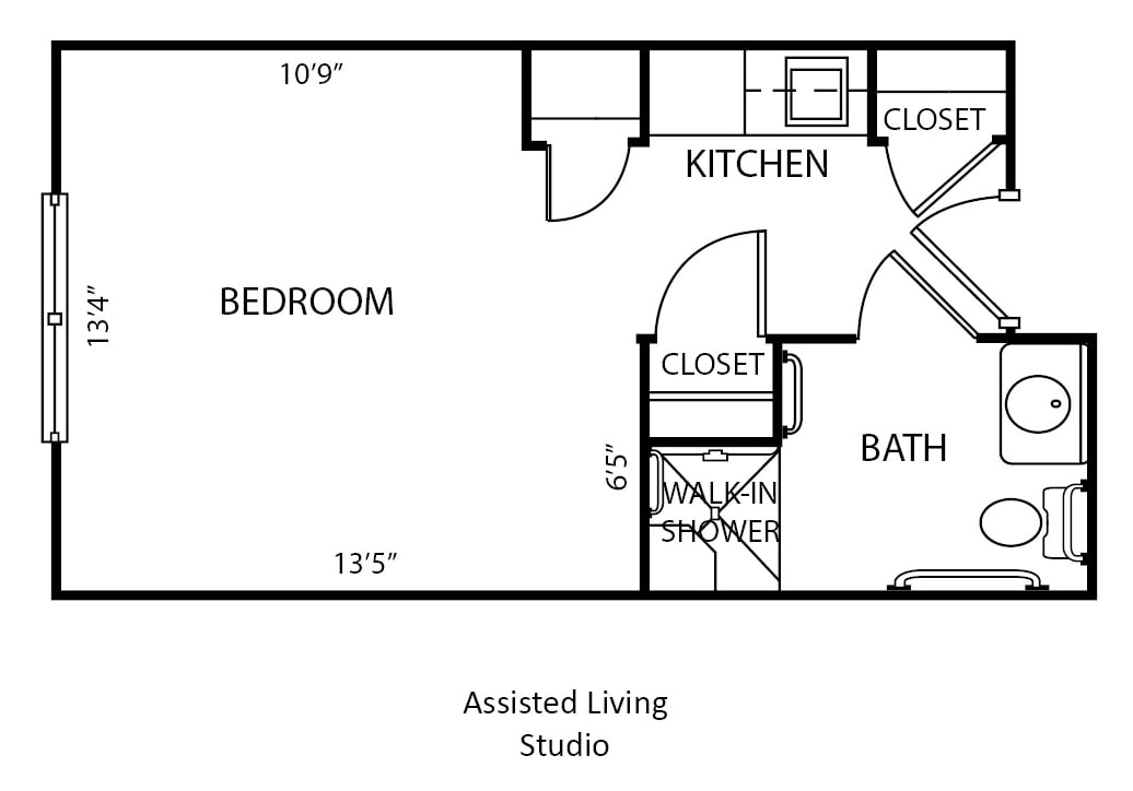 Floor plan of an assisted living studio apartment with a bedroom, kitchen, bathroom, and closets.