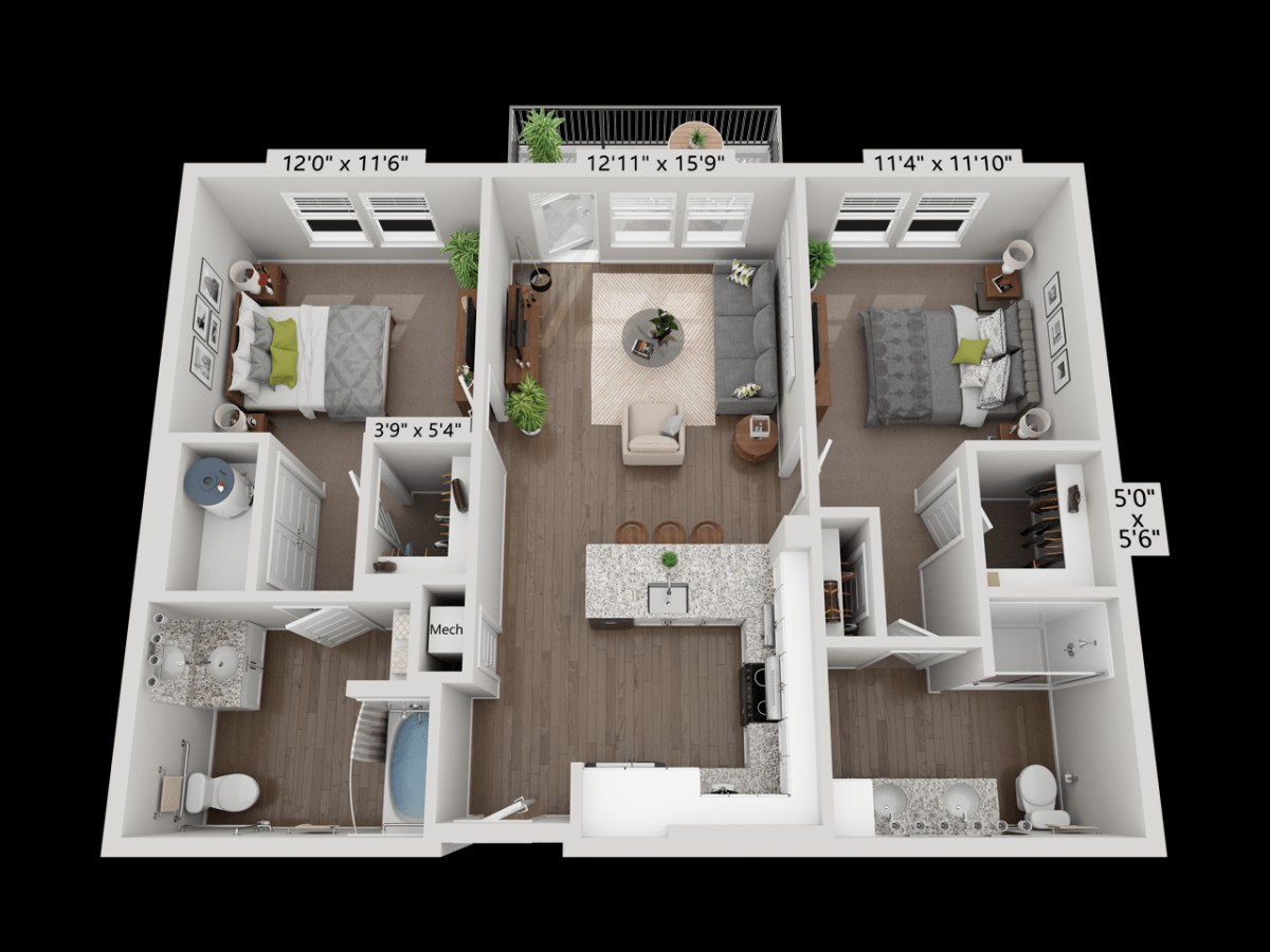 A modern two-bedroom apartment floor plan featuring an open living and kitchen area with two bathrooms.