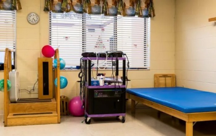 A therapy room equipped with exercise and rehabilitation tools, including a treatment bed and therapy balls.