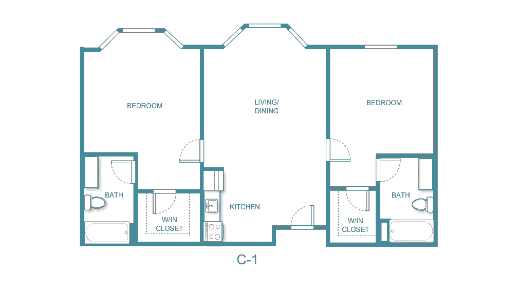 Blueprint of a two-bedroom apartment layout with living/dining area, kitchen, and bathroom.