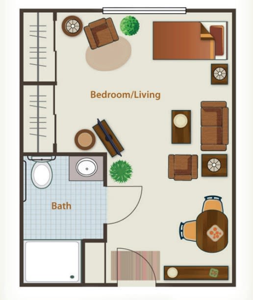 This image shows a floor plan of a studio apartment with a combined bedroom and living area, including furniture layouts, and an adjacent bathroom.