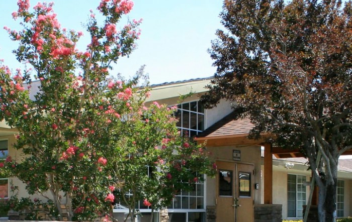 A building entrance surrounded by flowering trees and lush foliage.