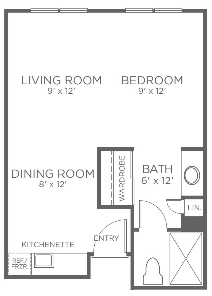 A simple apartment floor plan showing labeled rooms with their dimensions.