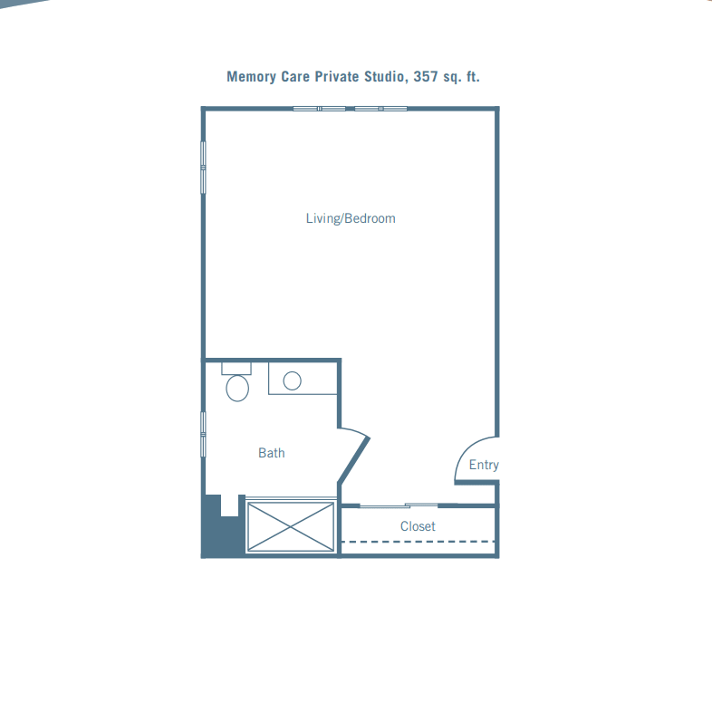 Floor plan of a studio apartment with a bathroom and closet.