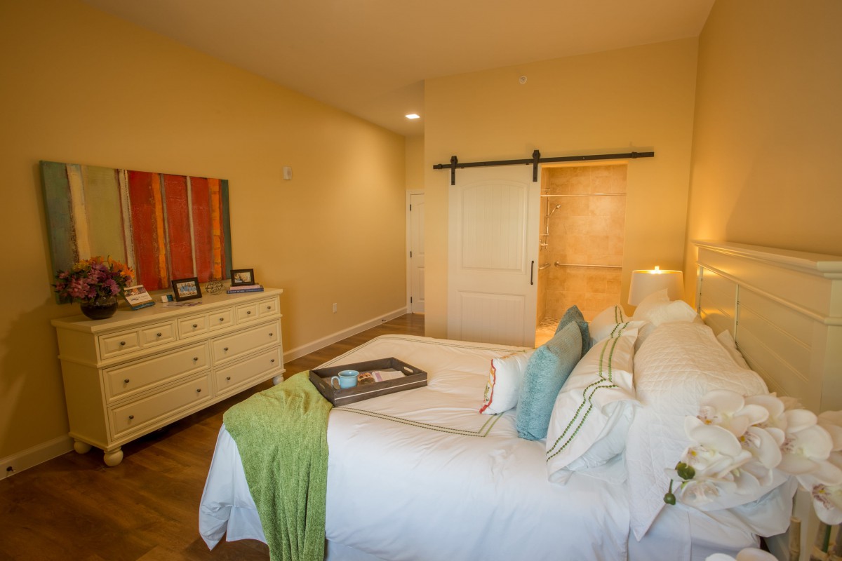 A cozy bedroom featuring a bed with colorful pillows, a dresser with a mirror, and a sliding barn door.