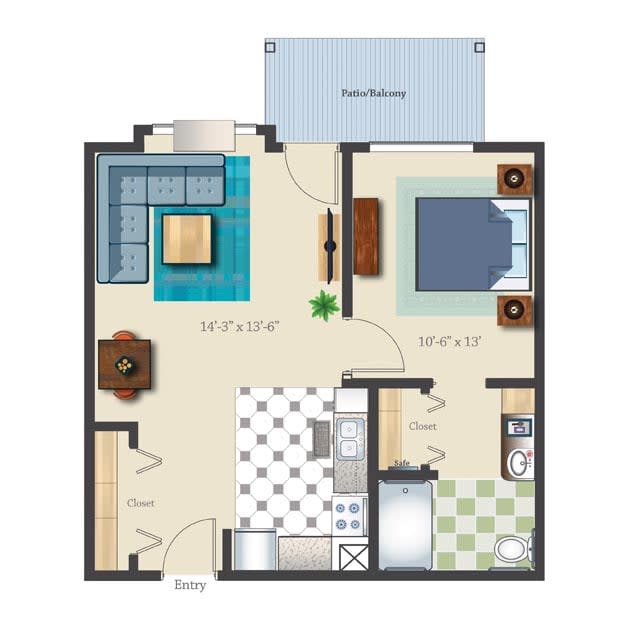 A floor plan of a one-bedroom apartment featuring a living room, kitchen, bathroom, and balcony.