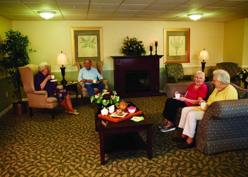 A cozy living room setting with elderly people enjoying a social gathering.
