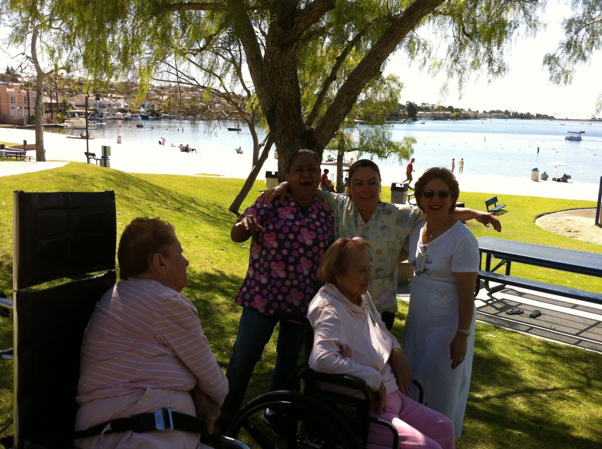 A family enjoying a sunny day at the park near a lake.