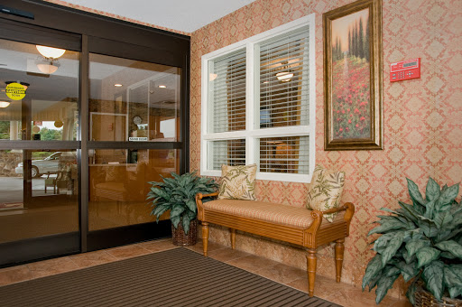 A cozy waiting area featuring a wooden bench, decorative plants, and artwork on the wall.