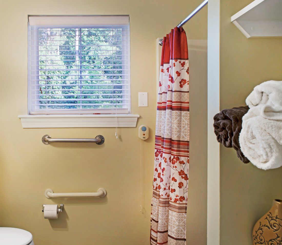 A bathroom with a window, patterned shower curtain, and accessible features.