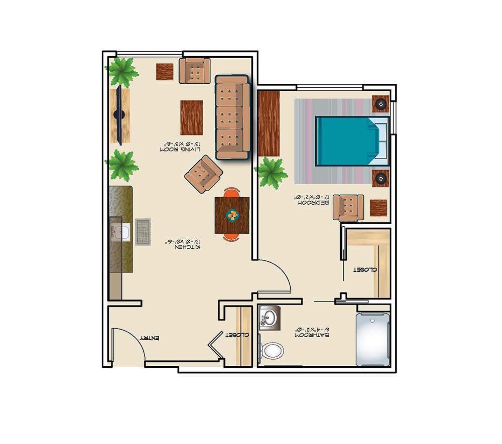 A floor plan of a compact apartment featuring a living room, kitchen, bedroom, and bathroom.
