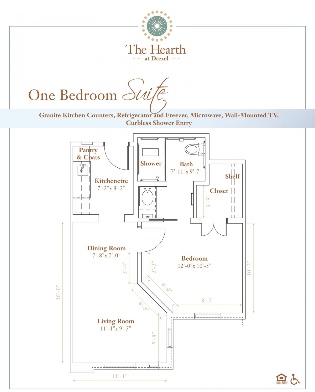 A detailed floor plan of a one-bedroom suite, showcasing the layout and room sizes.