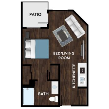 Floor plan of a studio apartment with a patio, kitchenette, and bathroom.