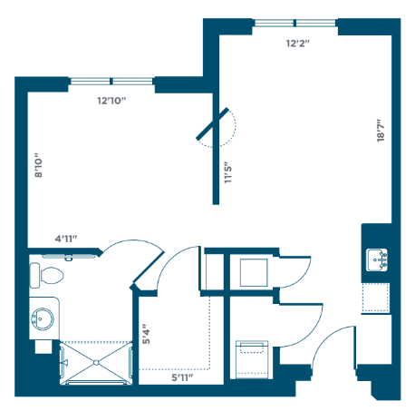 A floor plan of a one-bedroom apartment with dimensions for each room.