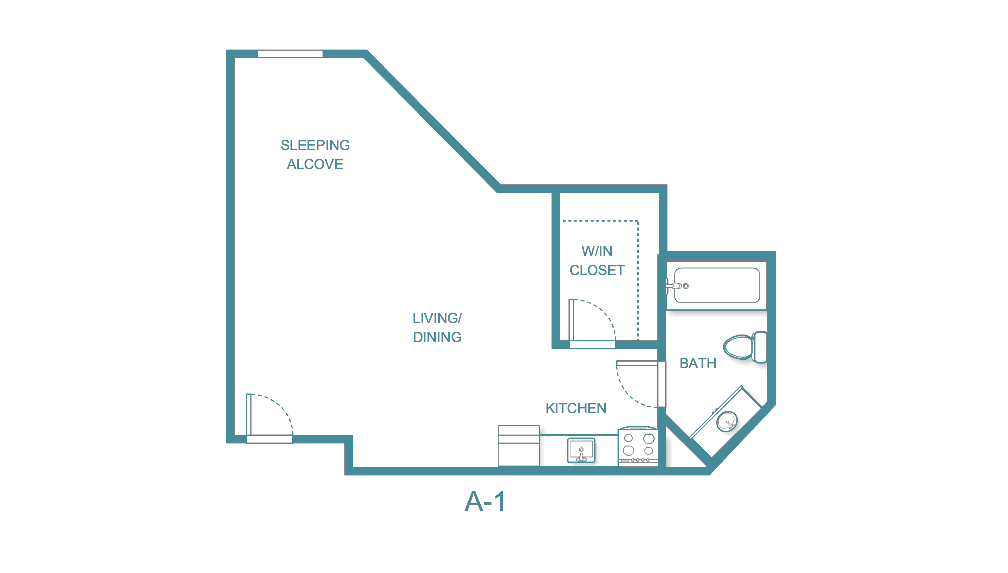 A studio apartment floor plan with designated areas for kitchen, living/dining, sleeping alcove, and bath.
