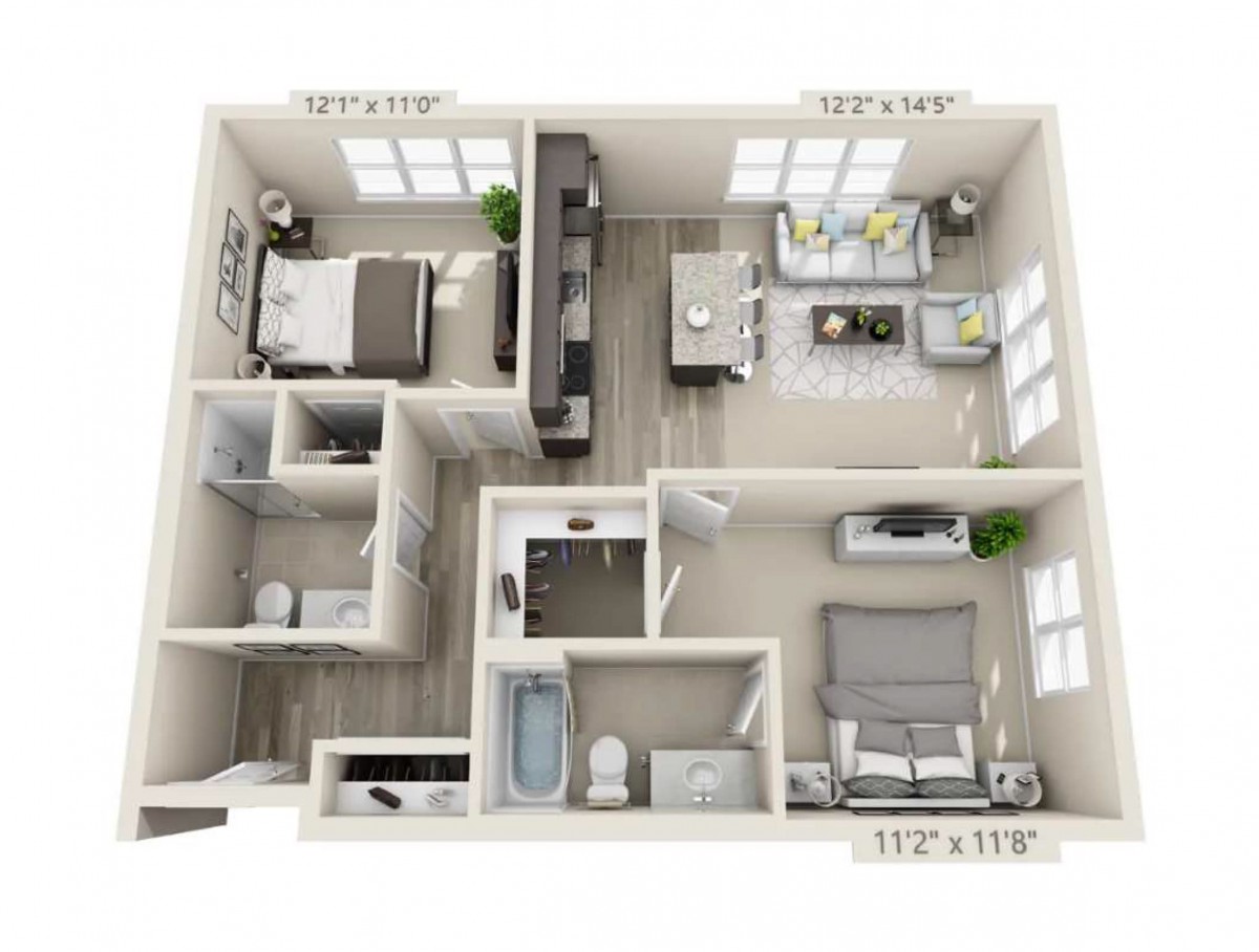 A 3D floor plan of a two-bedroom apartment featuring a living room, kitchen, and bathroom.