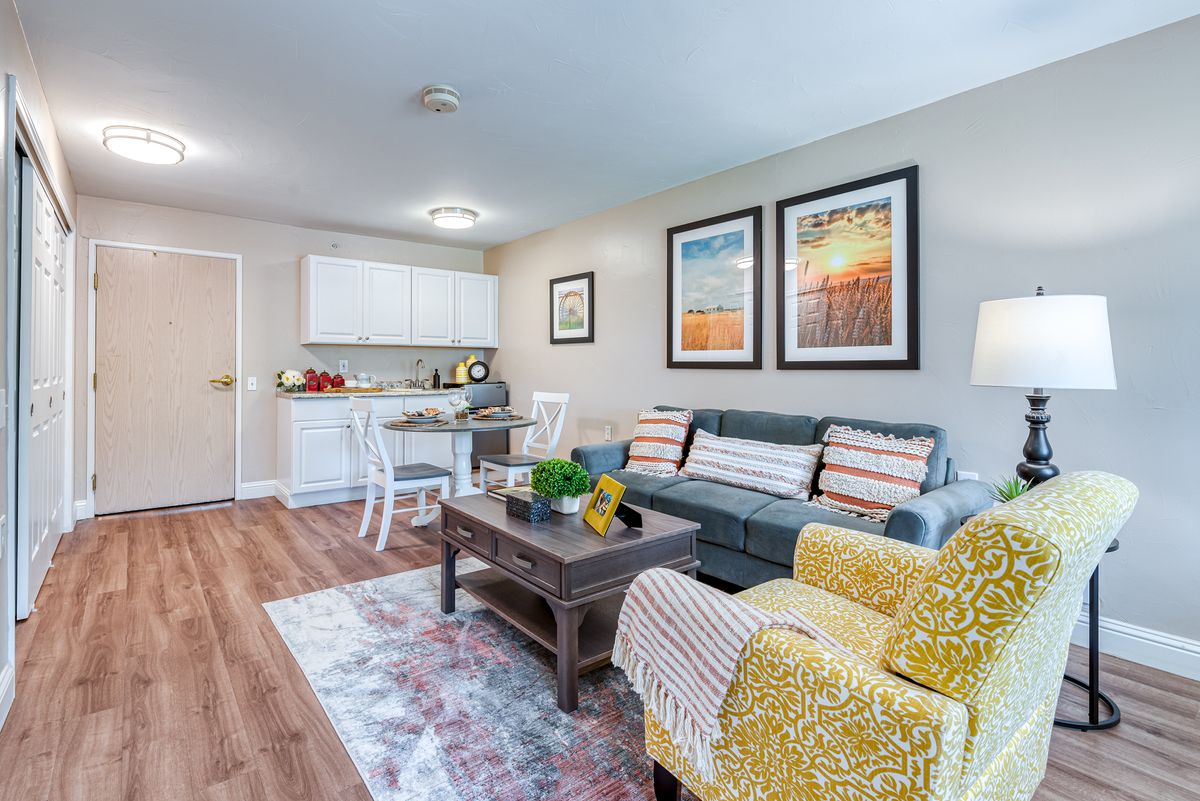 A cozy living room with a modern interior design featuring a sofa, coffee table, and kitchenette.