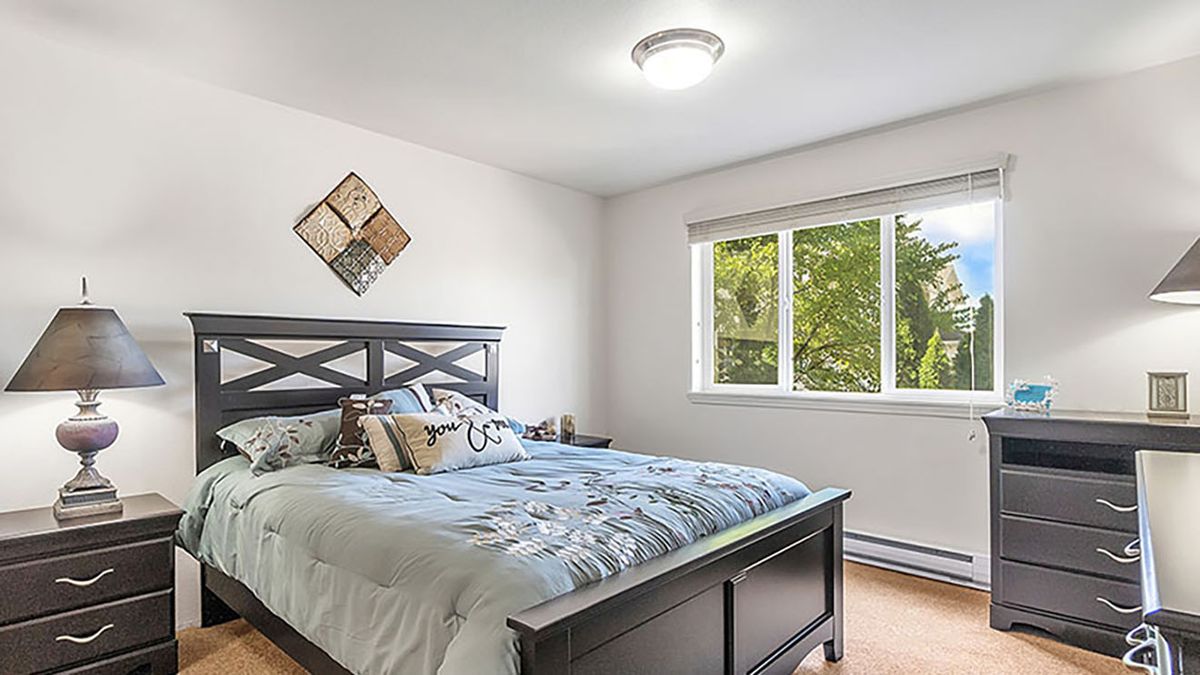 A cozy bedroom with a large bed, decorative wall art, and a window letting in natural light.