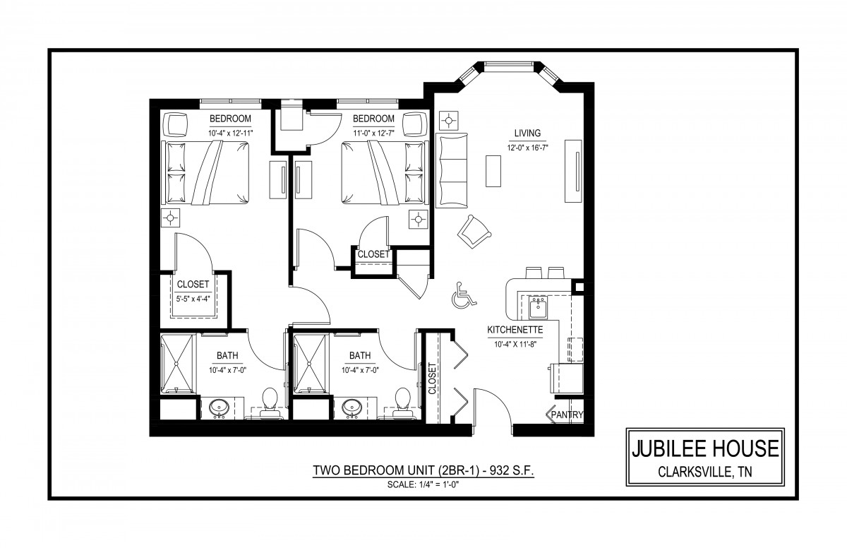 Two-bedroom apartment floor plan with labeled rooms and dimensions.